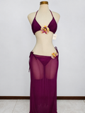 Conjunto de bikini con decoración floral, escote halter con laz