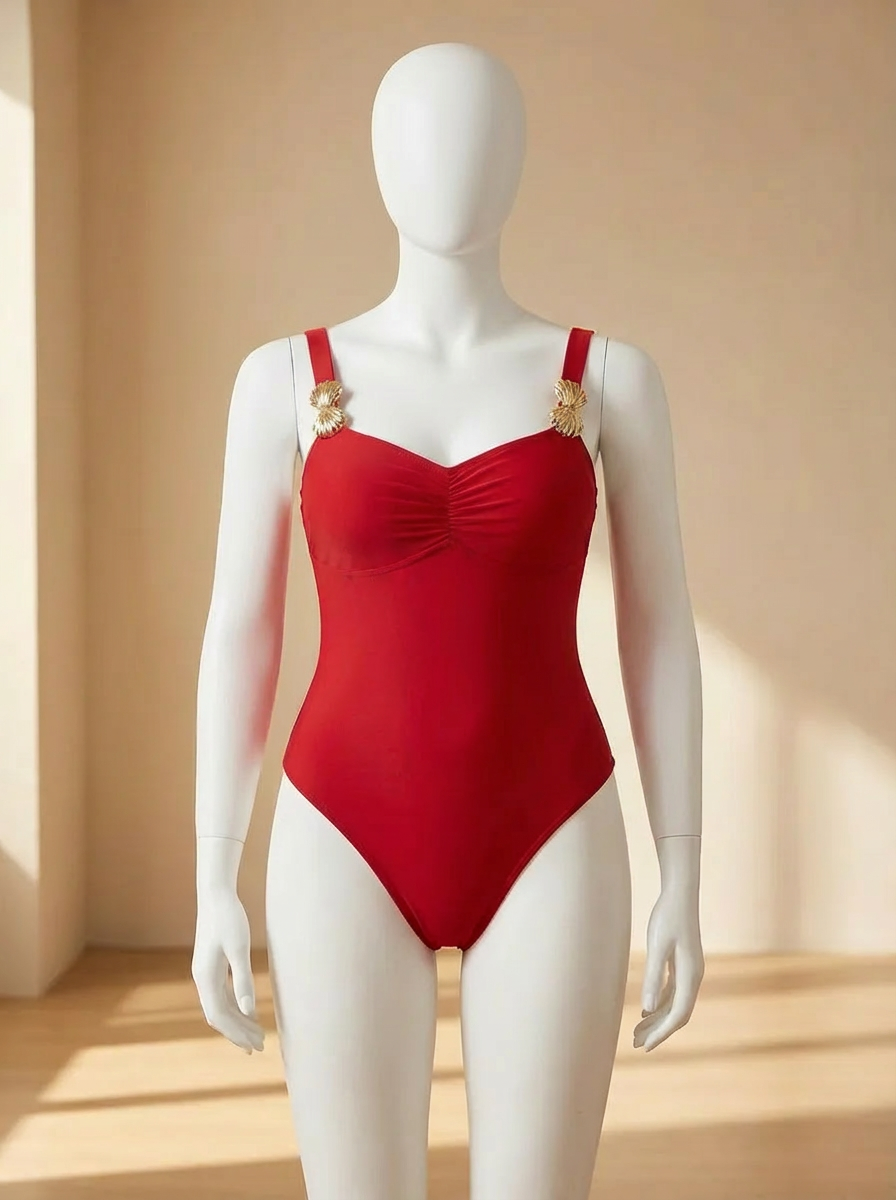 Traje de baño rojo de 1 pieza con detalles dorados