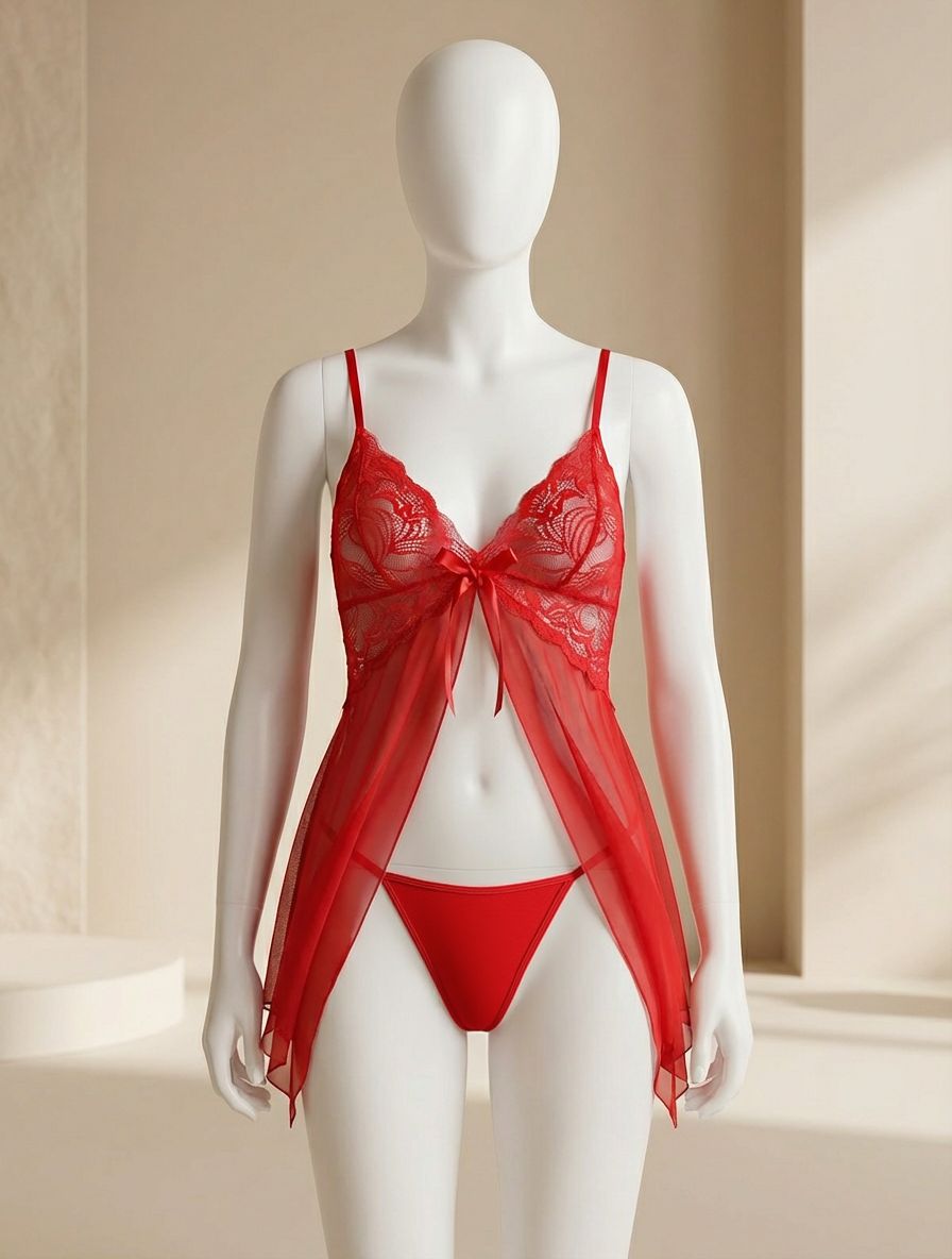 Conjunto de lencería con encaje floral, color rojo - imagen 4