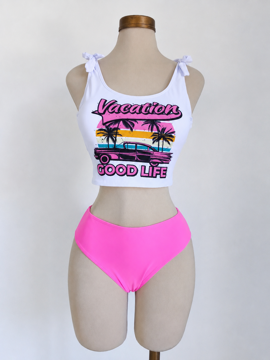Traje de baño de 2 piezas con estampado en top, color blanco y rosado