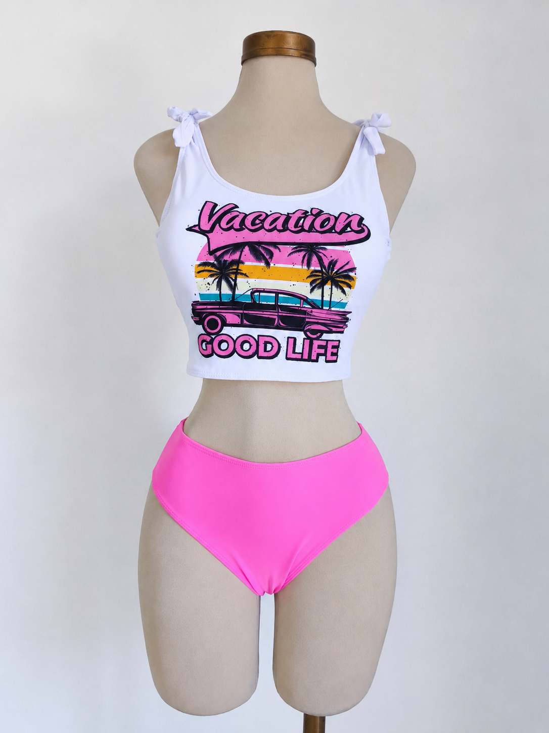 Traje de baño de 2 piezas con estampado en top, color blanco y rosado