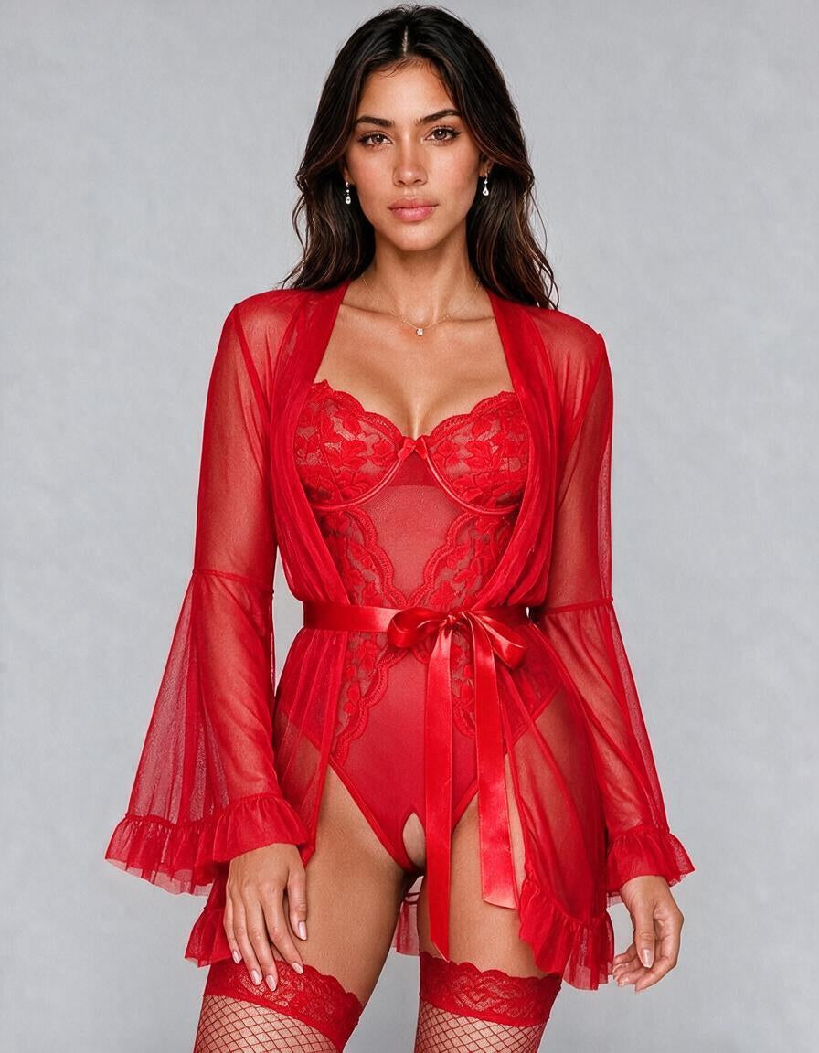 Body rojo con abertura y Bata y 1 par de medias