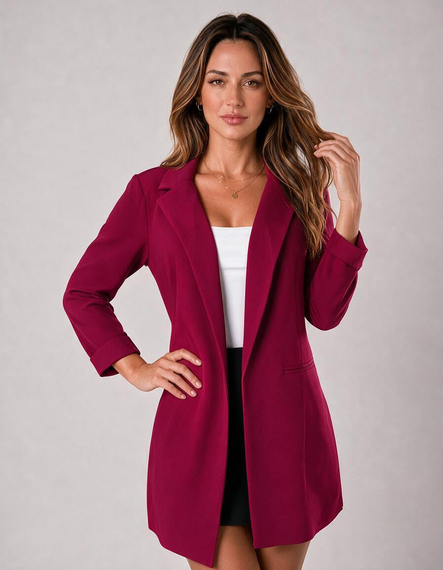 Blazer color vino larga básica con puños y frente abierto