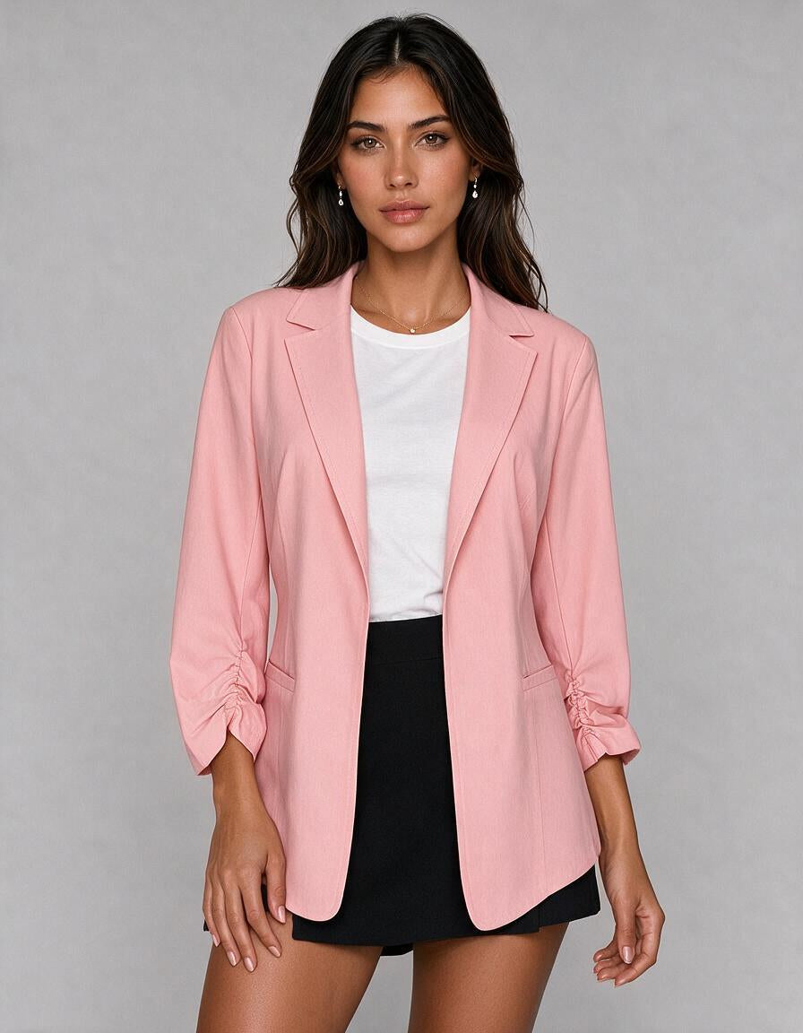 Blazer rosa de lino con mangas fruncidas