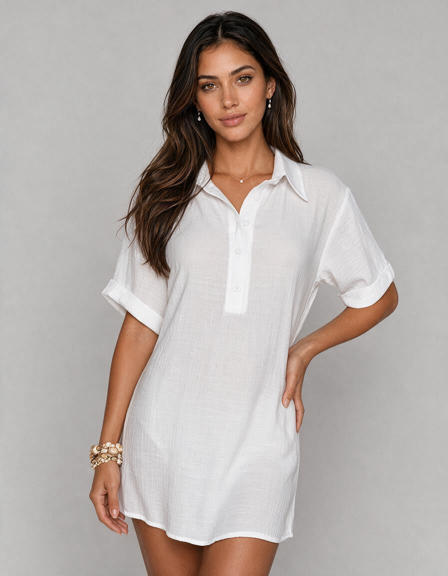 Salida de playa blanca, vestido liso con mangas