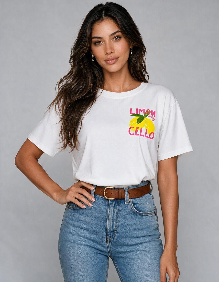 Camiseta blanca de manga corta y cuello redondo, Limoncello