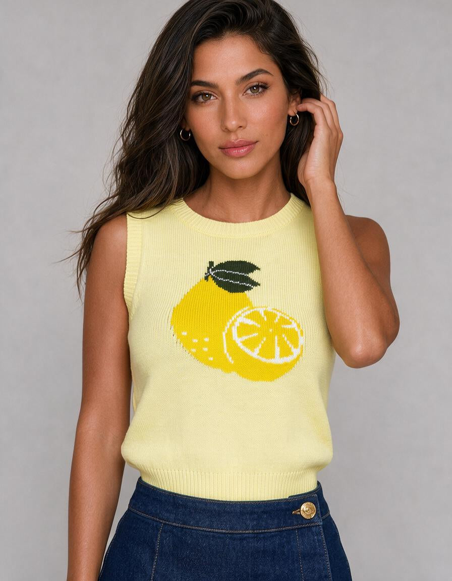 Top amarillo de jacquard sin mangas con cuello redondo