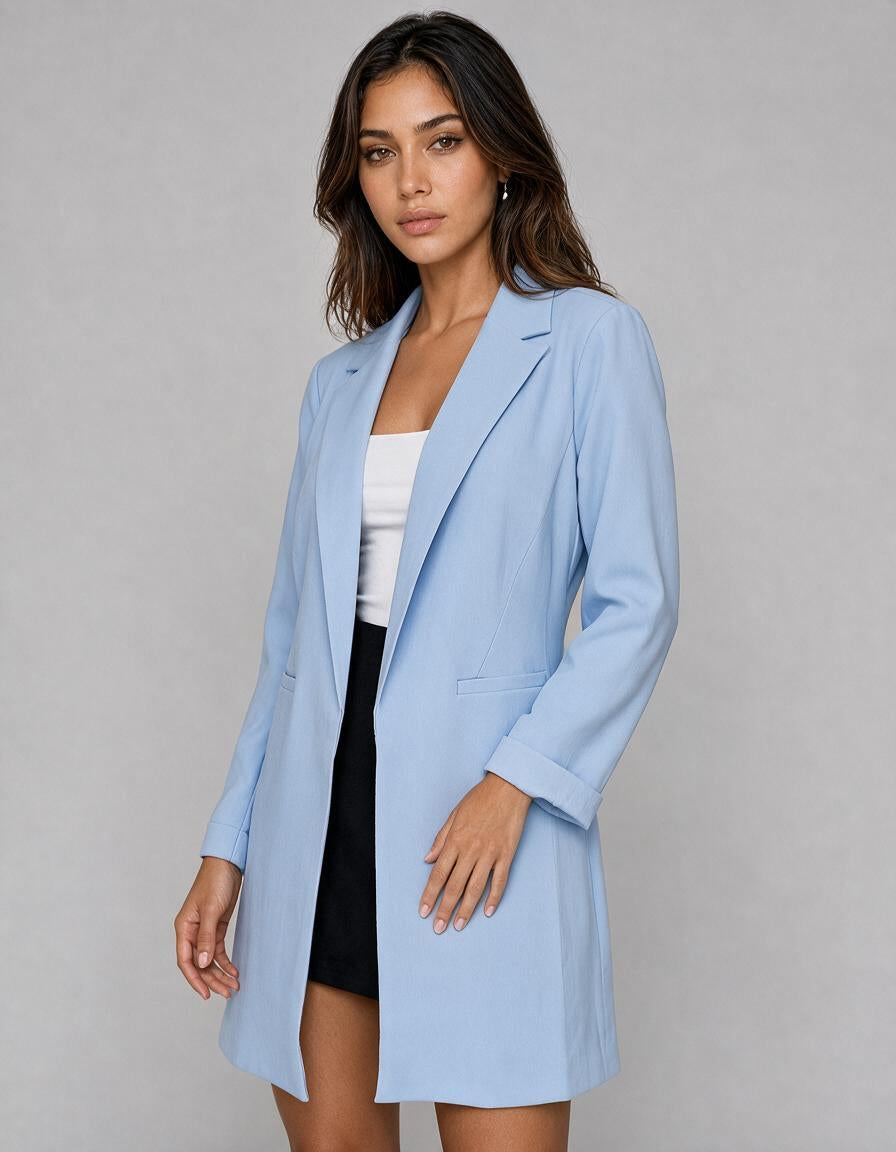 Blazer largo baby blue, sin botones estilo princesa de sarga