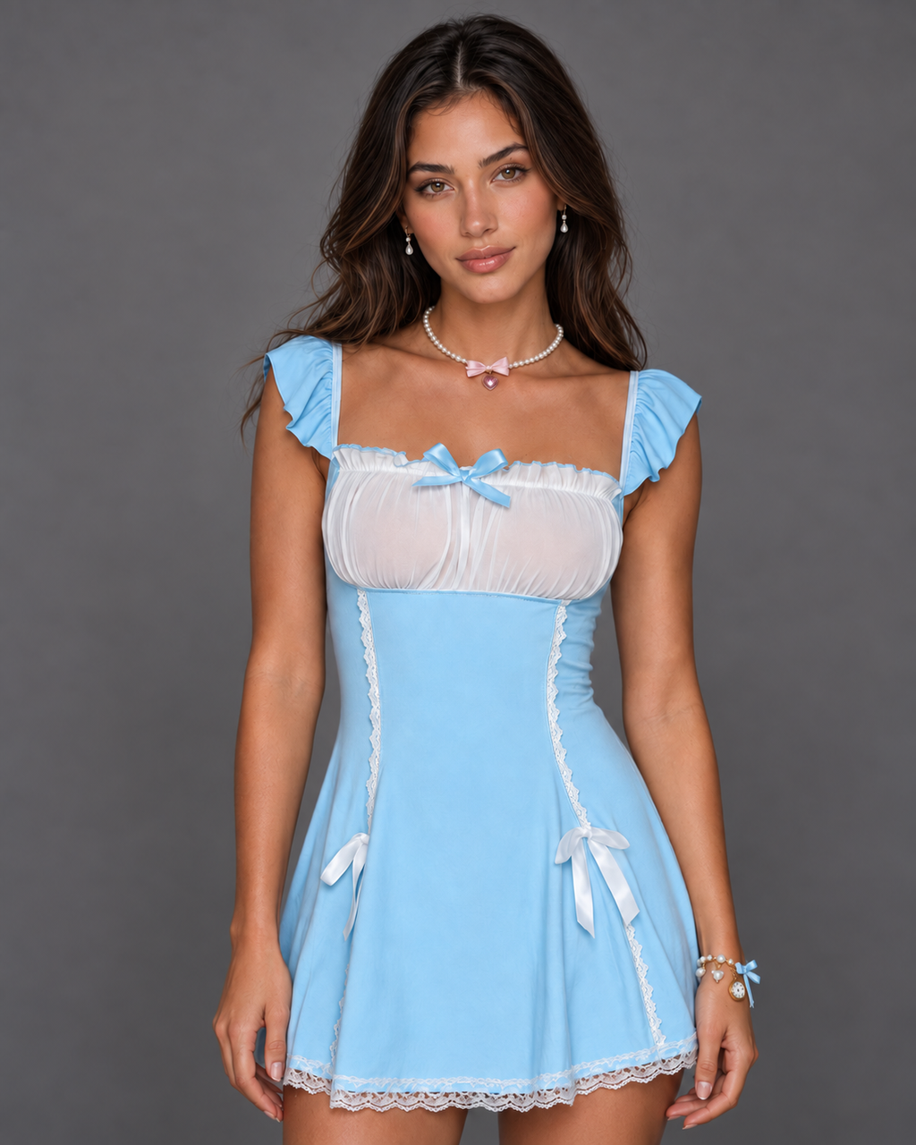 Disfraz de lencería celeste, vestido con transparencia en el pecho y detalles de lazo