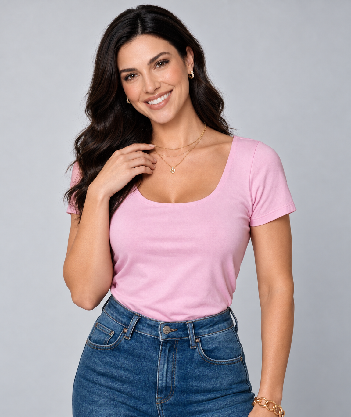 Top rosa de manga corta con cuello redondo y doble capa en frontal y posterior