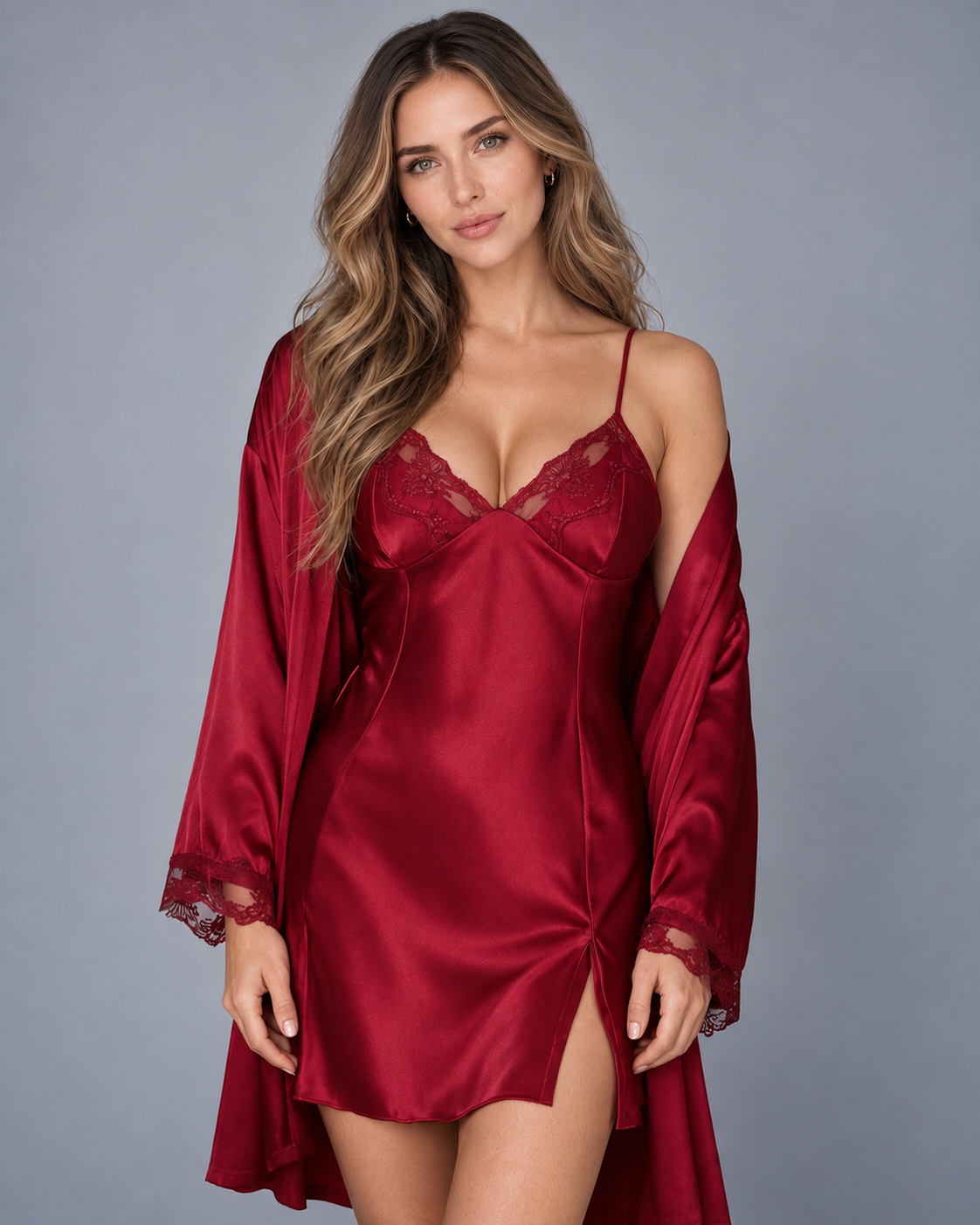 Conjunto de pijama con bata y vestido lencero con ribetes de encaje