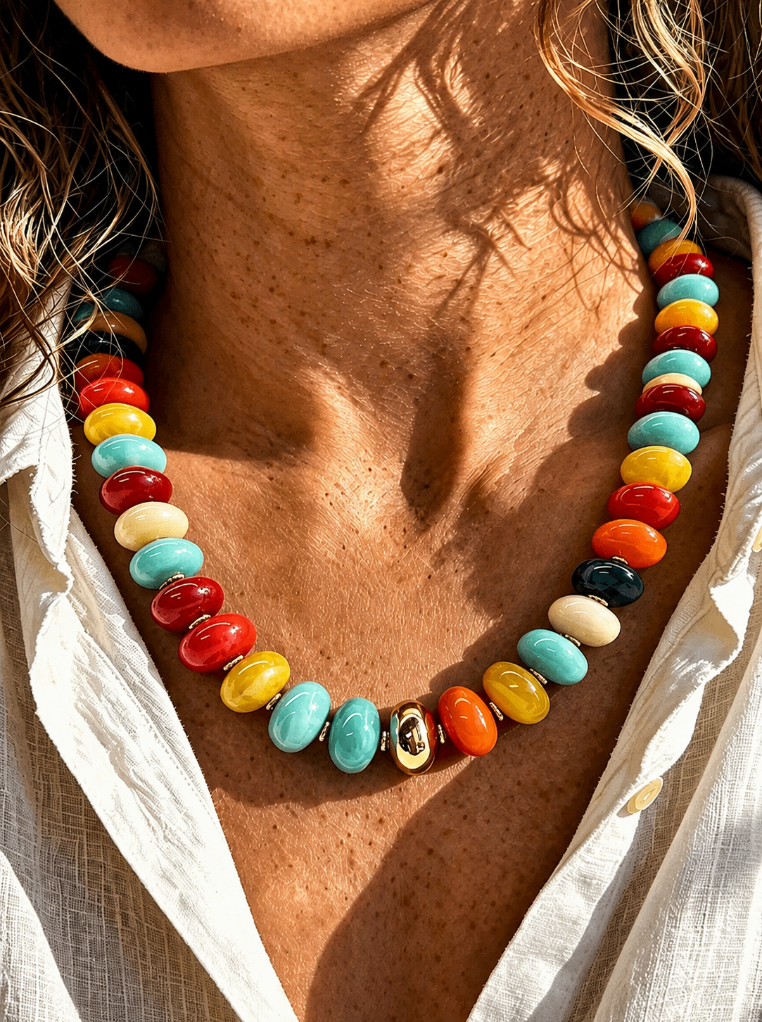 Collar bohemio multicolor de cuentas con detalle dorado