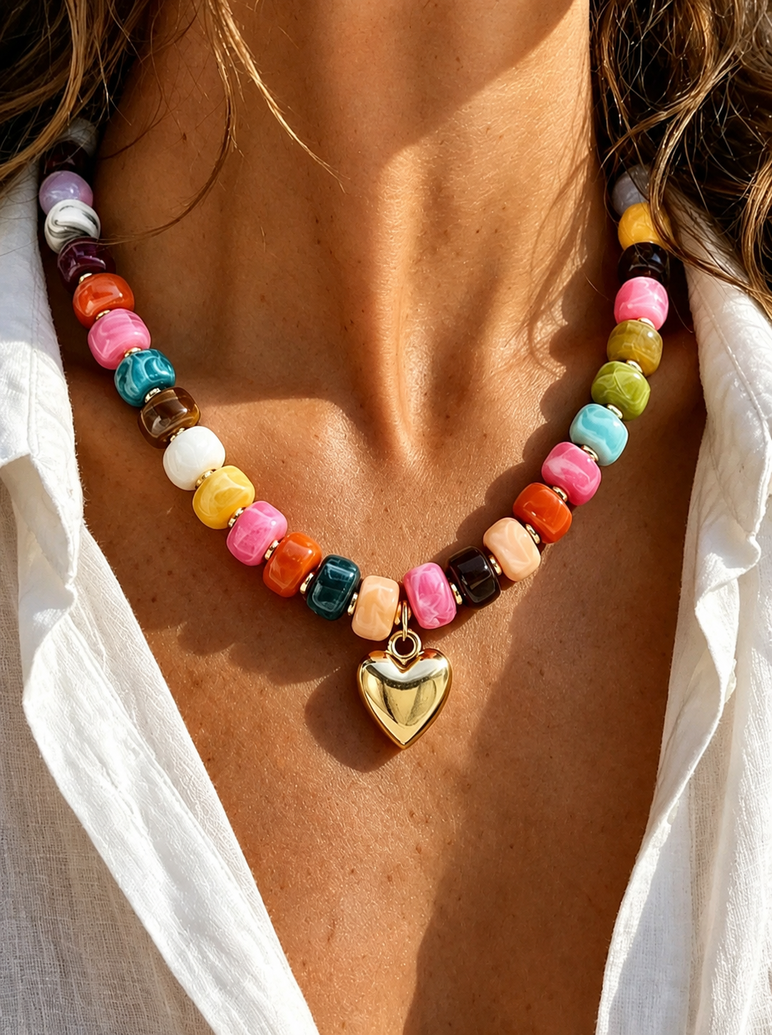 Collar bohemio multicolor con dije de corazón dorado