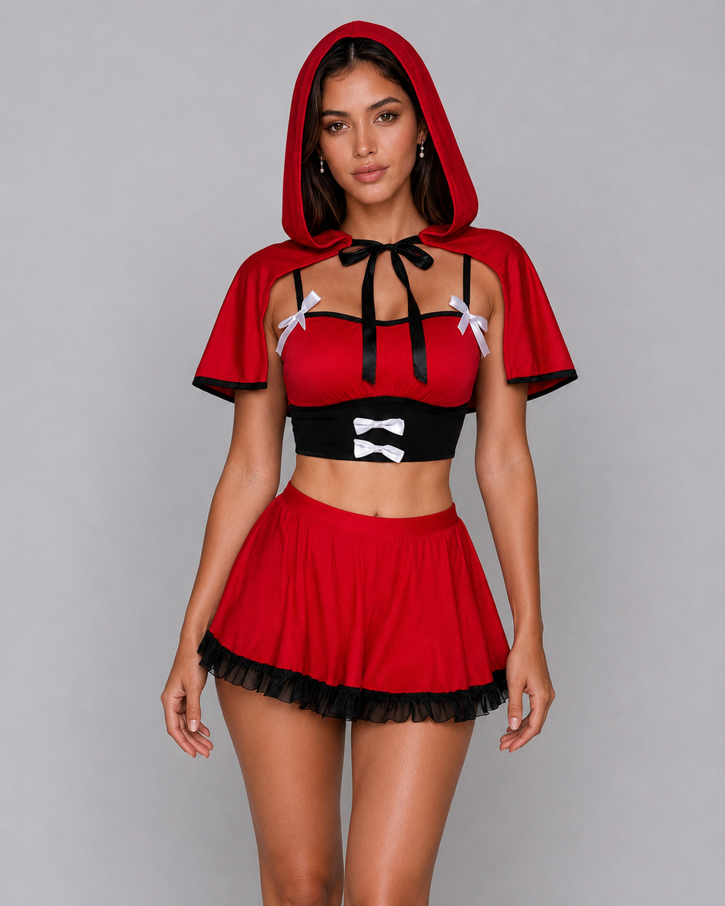 Conjunto de 3 piezas Disfraz de Caperucita Roja, capa, minifalda, rojo
