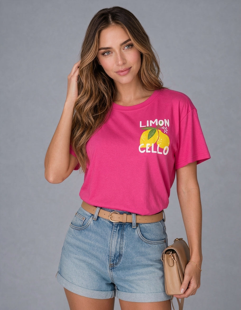 Camiseta fucsia de cuello redondo y manga corta, Limoncello