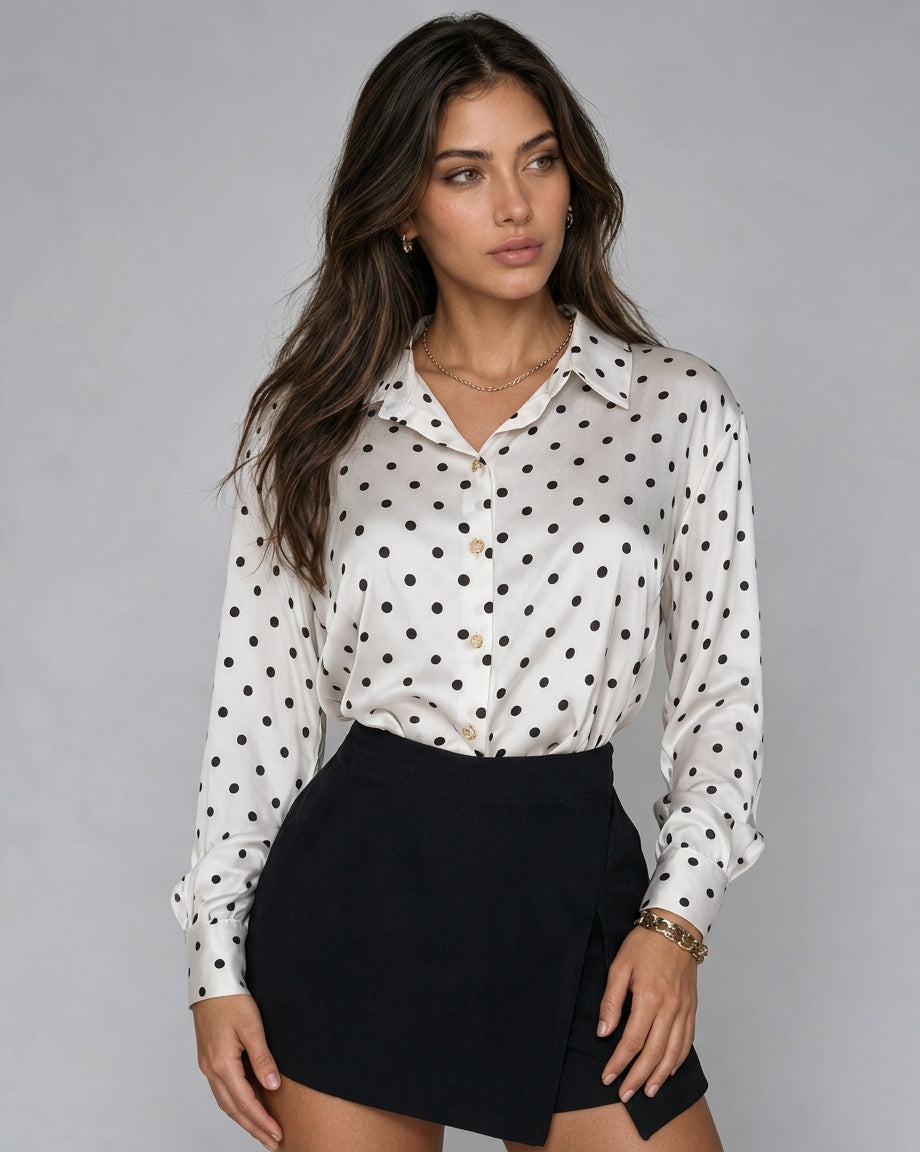 Blusa abotonada de satén con lunares