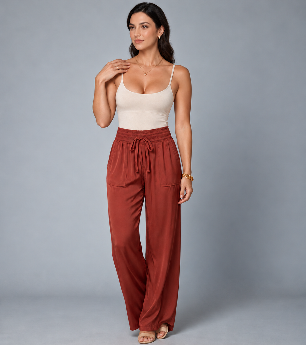 Pantalón satinado de pierna ancha · Terracota