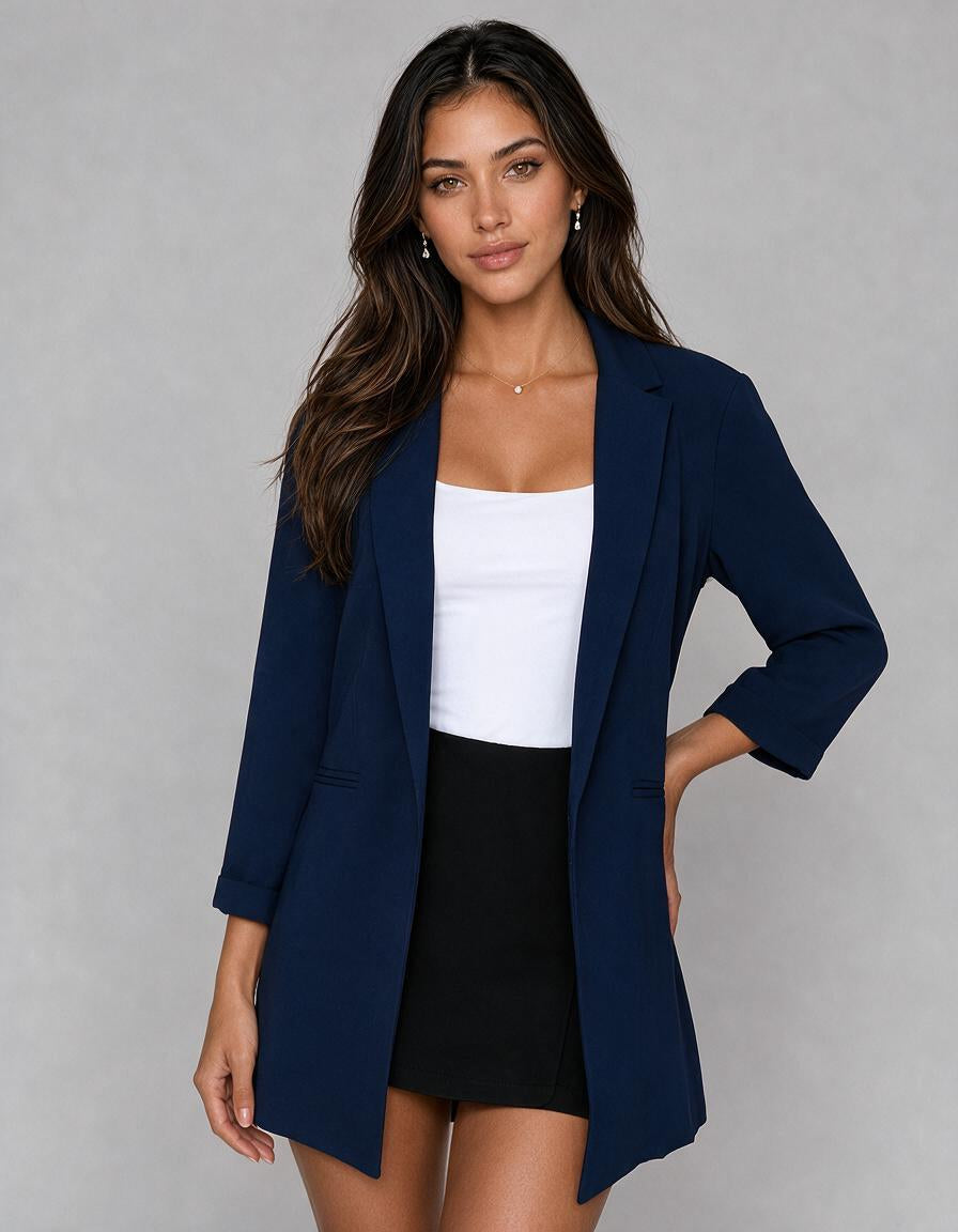 Blazer azul marino largo básico con puños y frente abierto