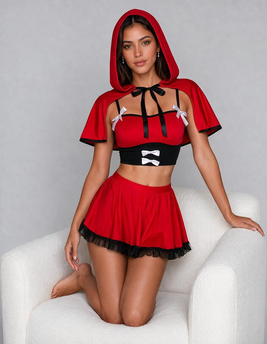 Conjunto de 3 piezas Disfraz de Caperucita Roja, capa, minifalda, rojo