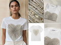Camiseta blanca de manga corta para mujer con corazón de pedrería
