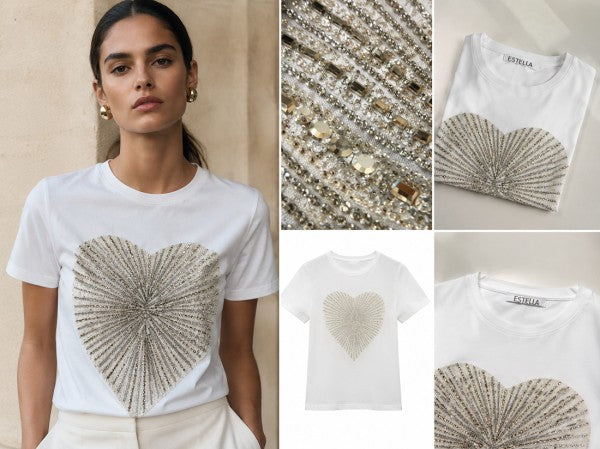 Camiseta blanca de manga corta para mujer con corazón de pedrería