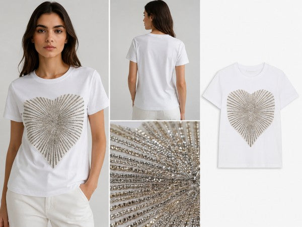 Camiseta blanca con diseño de corazón en pedrería, vista frontal, posterior y detalle