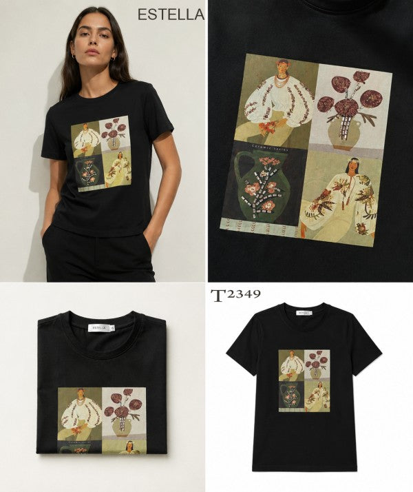 Camiseta negra de manga corta con estampado artístico floral y figuras femeninas con pedrería