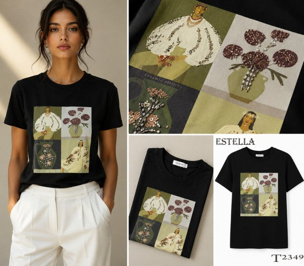 Camiseta negra con ilustración artística de figuras femeninas y flores con pedrería