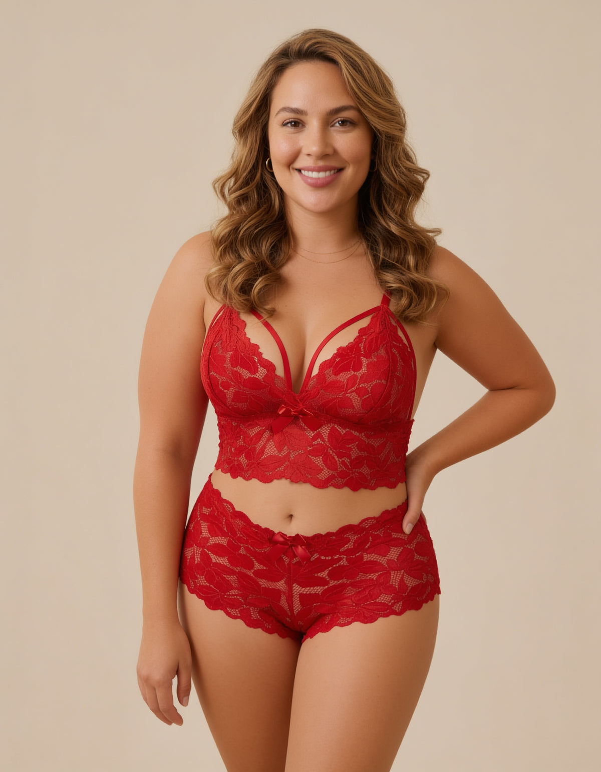 Conjunto de lencería de encaje en tallas plus, color rojo