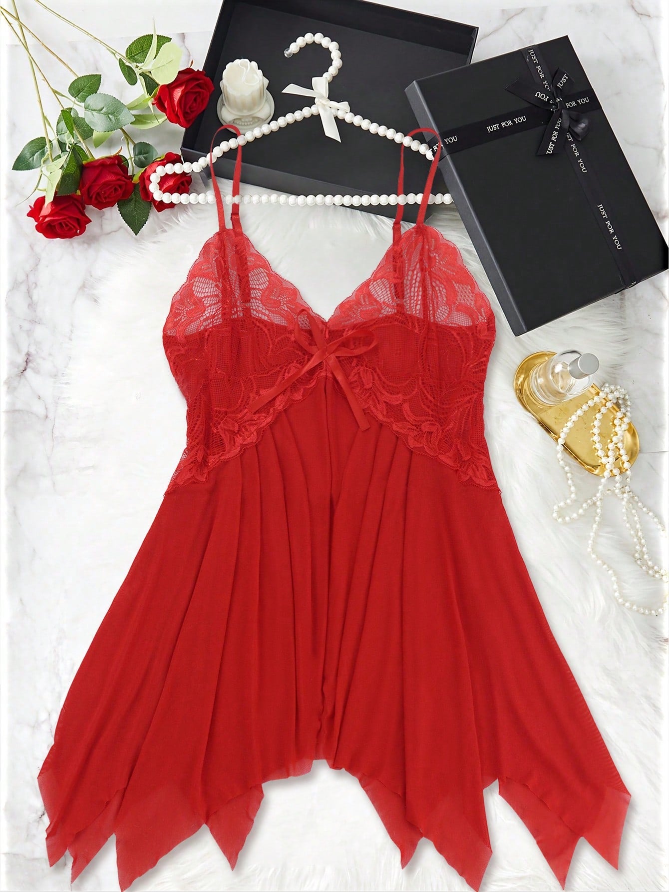 Conjunto de lencería con encaje floral, color rojo - imagen 5