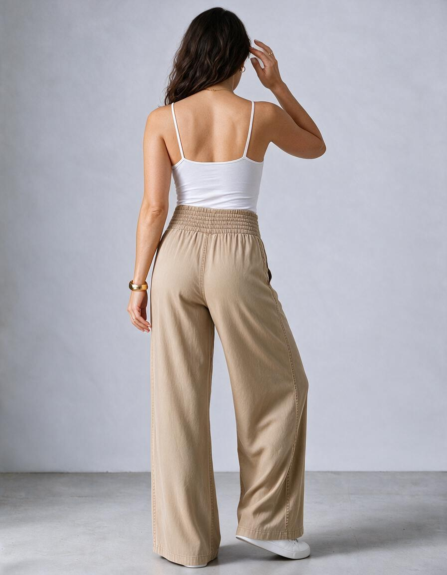Pantalón ancho con elástico · Caqui