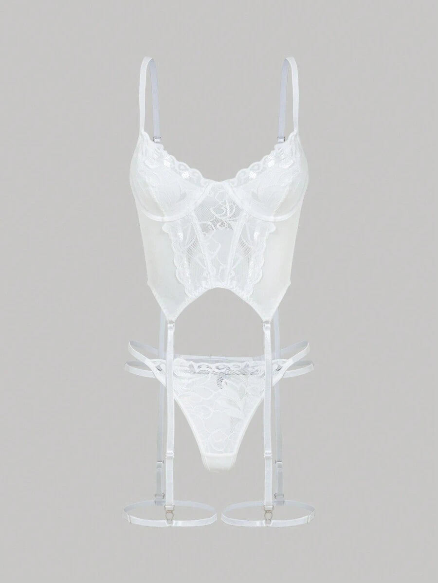 Conjunto de lencería blanca transparente con encaje calado - imagen 4