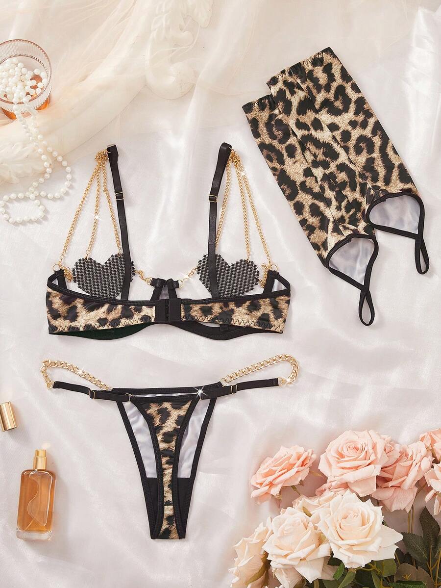 Conjunto de lencería de 3 piezas con estampado de leopardo y strass - imagen 2