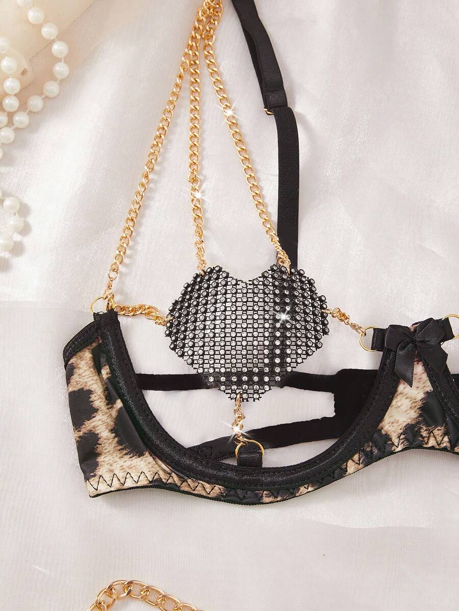 Conjunto de lencería de 3 piezas con estampado de leopardo y strass - imagen 4