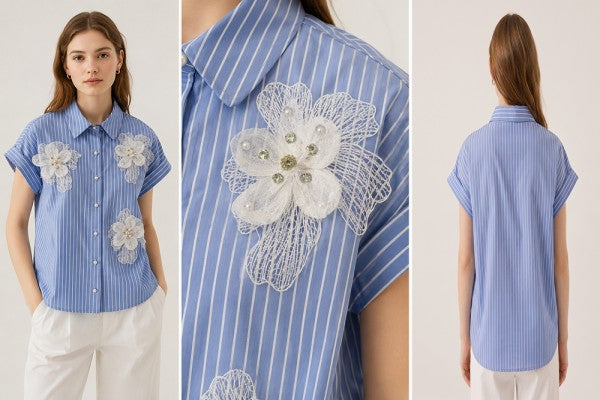 Top azul a rayas con apliques florales, detalle frontal y vista posterior